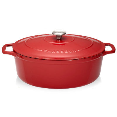 Chasseur Cast Iron Oval Casserole With Cover, Red With Cream Inner Layer