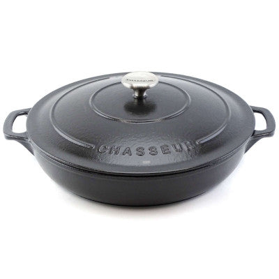 Chasseur Cast Iron Round Serving Casserole With Cover, Black With Black Inner Layer