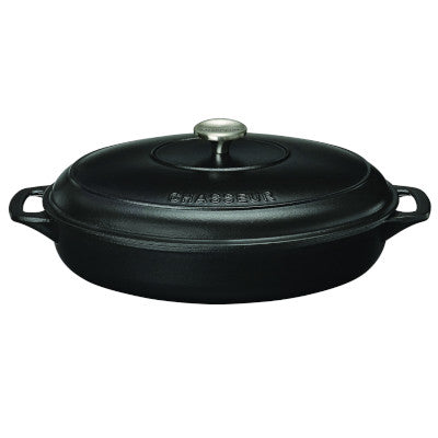 Chasseur Cast Iron Oval Serving Casserole With Cover, Black With Black Inner Layer